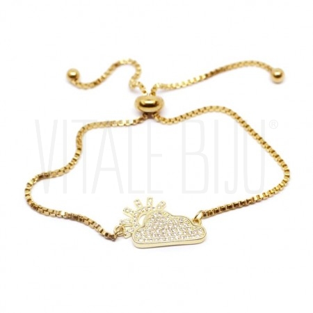 Pulseira Aço Ajustável 1.5mm c/ Entremeio Nuvem e Sol - Latão Banhado a Ouro 