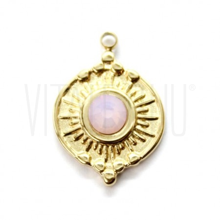 Pendente c/ Cristal Facetado Rosa 19x14mm - Aço inox Dourado