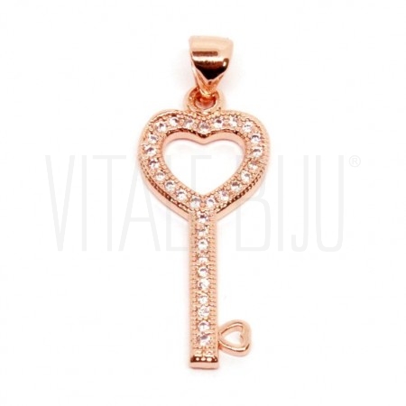 Pendente Love Key - Latão banhado à ouro rosa com zircónias