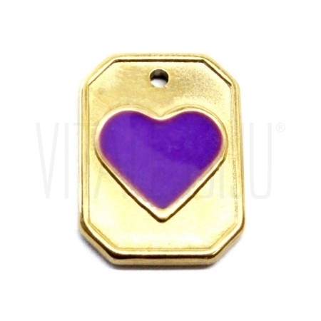 Medalha dourada em aço inox com verniz colorido 20x15mm - CORAÇÃO ROXO