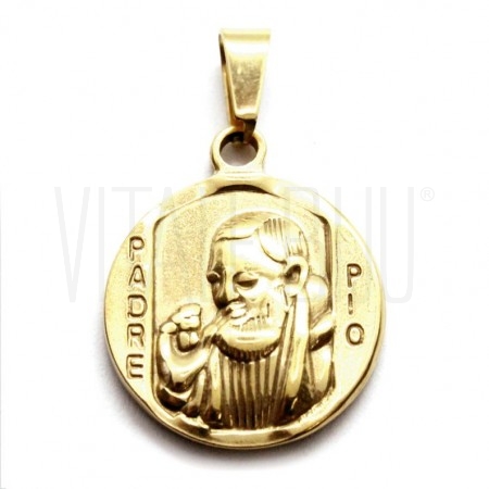 Medalha Padre Pio em relevo 20mm - Aço Inox Dourado