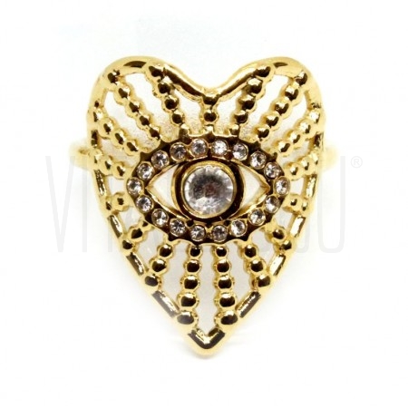 Anel ajustável formato coração c/ olho turco - Aço inox Dourado