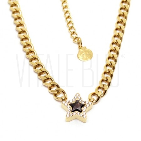Fio Elo Oval Achatado Torcido 5mm e Pendente Estrela c/ Verniz Preto c/ Zircónias - Aço Inox Dourado