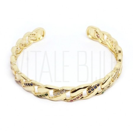 Pulseira Elo torcido 8.5mm ajustável - Latão banhado a ouro c/ zircónias coloridas