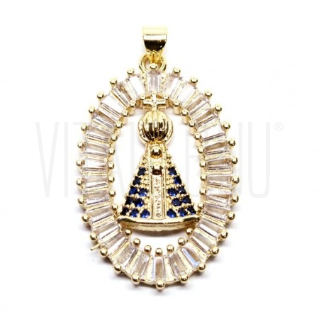 Pendente Oval Nossa Senhora Aparecida 33.5x21.5mm - Latão banhado a ouro com zircónias 