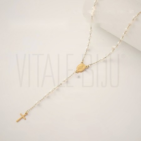 Colar Terço com Pérolas Acrílicas Nossa Senhora e Cruz 59cm em Aço Inoxidável 304 Dourado