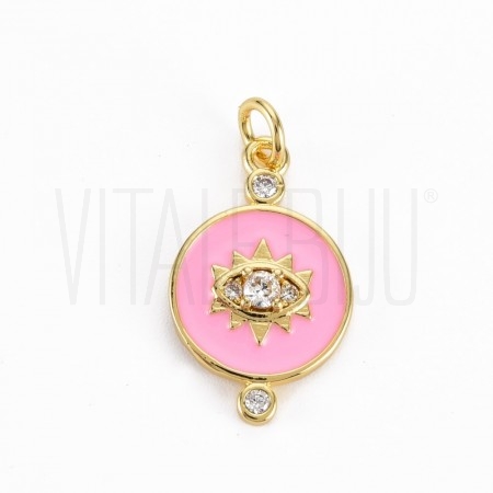 Pendente  Olho Turco com Verniz e Zirconias 20x12.5mm  - Latão banhado a ouro 16K - ROSA