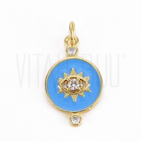 Pendente  Olho Turco com Verniz e Zirconias 20x12.5mm  - Latão banhado a ouro 16K - AZUL