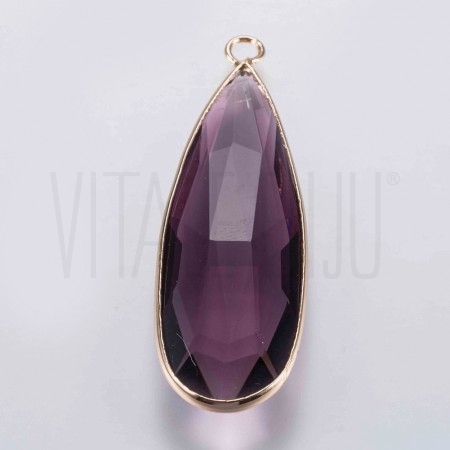 Pendente gota borda em latão Cristal Facetado 43x14.5mm - ROXO