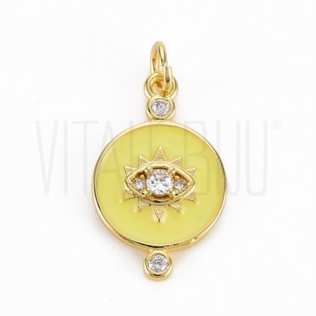 Pendente  Olho Turco com Verniz e Zirconias 20x12.5mm  - Latão banhado a ouro 16K - VERDE LIMA