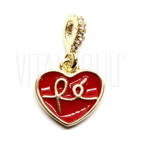 Pendente Coração Fé 19x12mm - Latão Banhado a Ouro 18k com Zircónias - VERMELHO