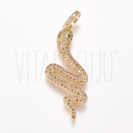 Pendente Serpente / cobra 40x14mm - latão com banho a ouro e zirconias