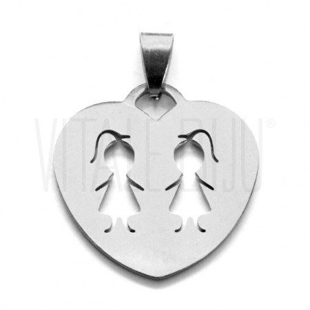 Medalha coração 2 meninas - Aç...