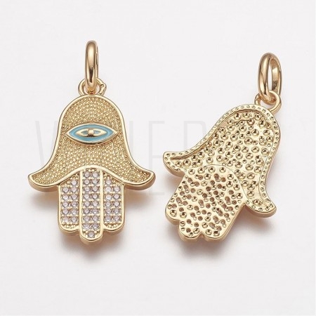 Pendente HAMSA (mão de Fátima) 26x17.5mm - Latão banhado à ouro 18K com zircônias