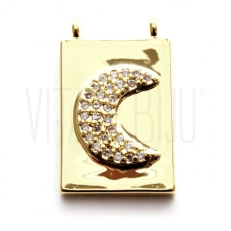 Pendente Lua 21x12mm (tipo escapulário) - Latão Banhado a Ouro com Zircónias