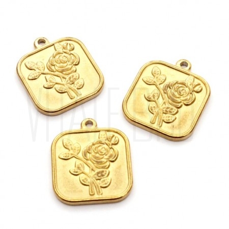 Medalha com rosa em relevo dourada 15mm - Aço inox ( rústica)