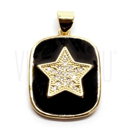 Medalha Estrela 23x17mm - Latão banhado à ouro com zircônias e verniz 