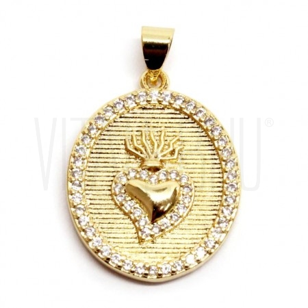Medalha Sagrado Coração de Jesus 24x19mm - latão banhado a ouro com zircônias
