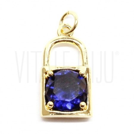 Pendente Cadeado em latão banhado à ouro com cristal 19x10mm - AZUL ESCURO