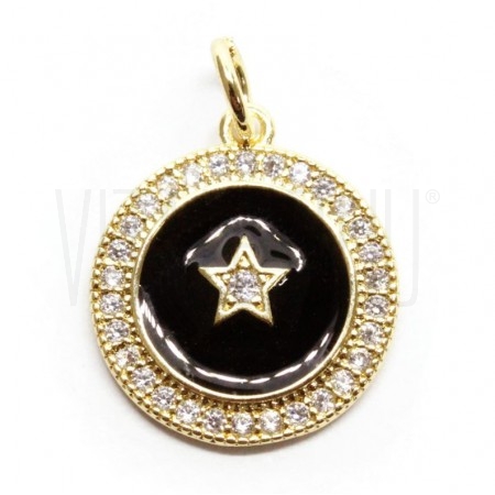 Pendente Estrela 15mm - Latão banhado à ouro com zircônias e verniz - PRETO