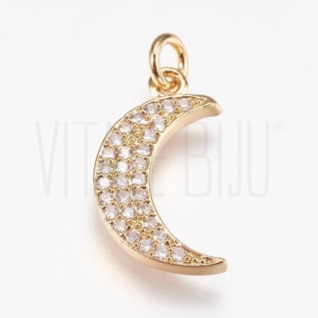 Pendente meia lua 19x11mm - Latão Banhado a Ouro com Zircónias