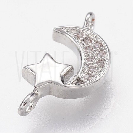 Pendente/Entremeio Meia Lua e Estrela 15x9mm - Latão Banhado a Platinum  com Zirconia