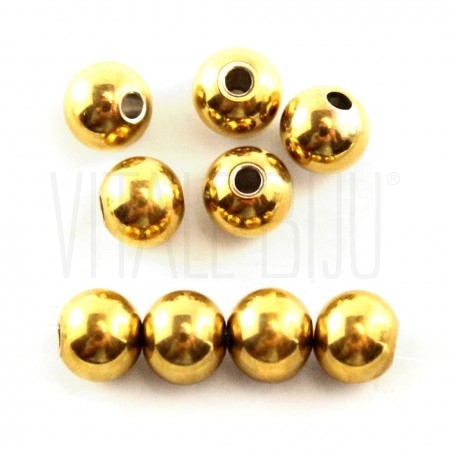 Pack 10 Contas 6mm furo: 2mm - Aço Inox Dourado