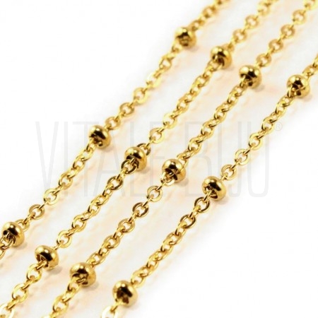 Corrente Elo Oval Achatado 2mm com Bolinhas - Aço Inox Dourado