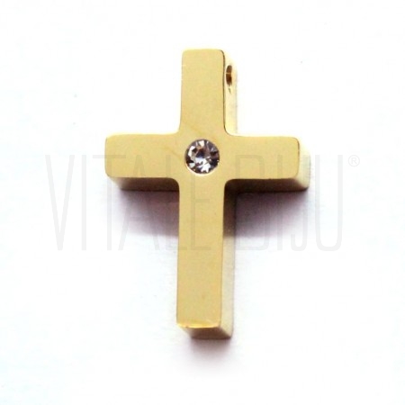 Pendente cruz c/ brilhante 15x10mm dourado - Aço inox