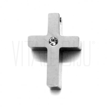  Pendente cruz c/ brilhante 15x10mm prateado - Aço inox